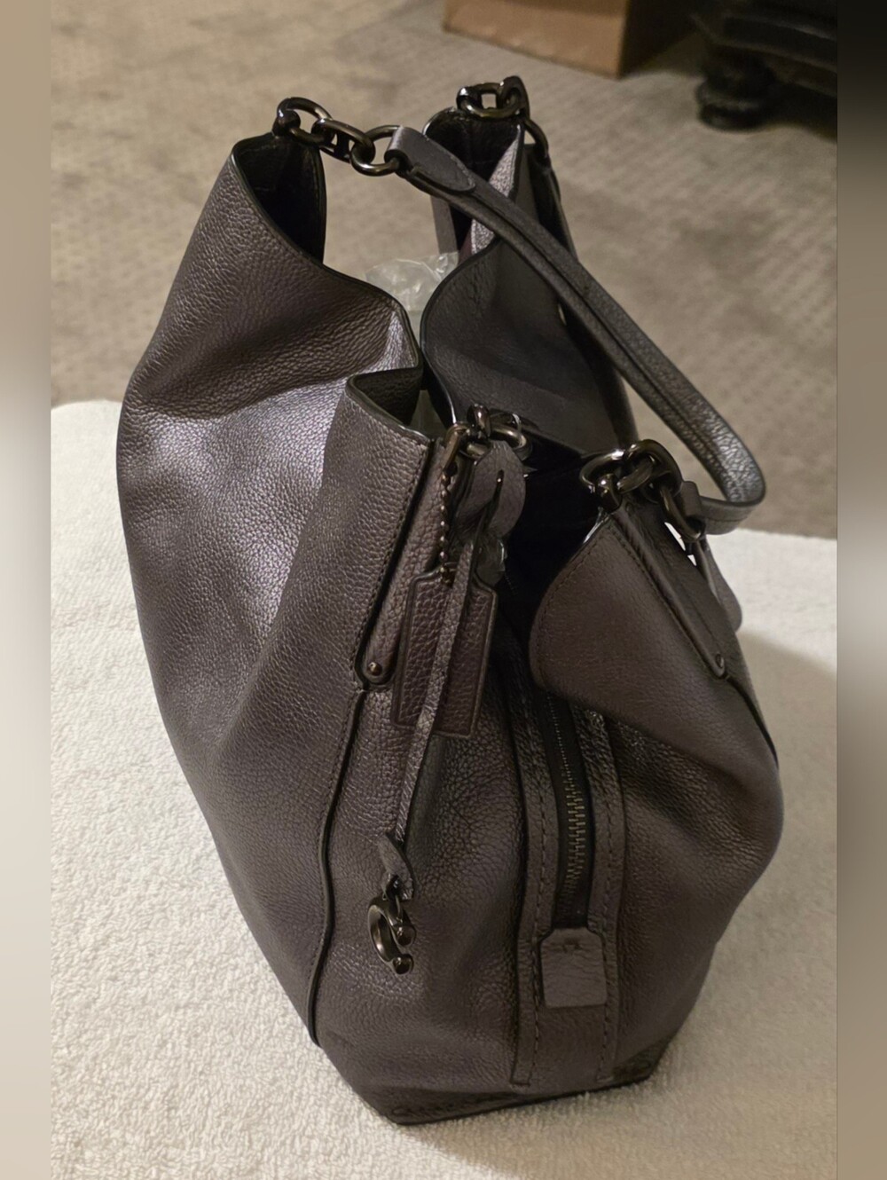 COACH Dalton 31 Graphite Grey Pebbled Leather Shoulder Bag